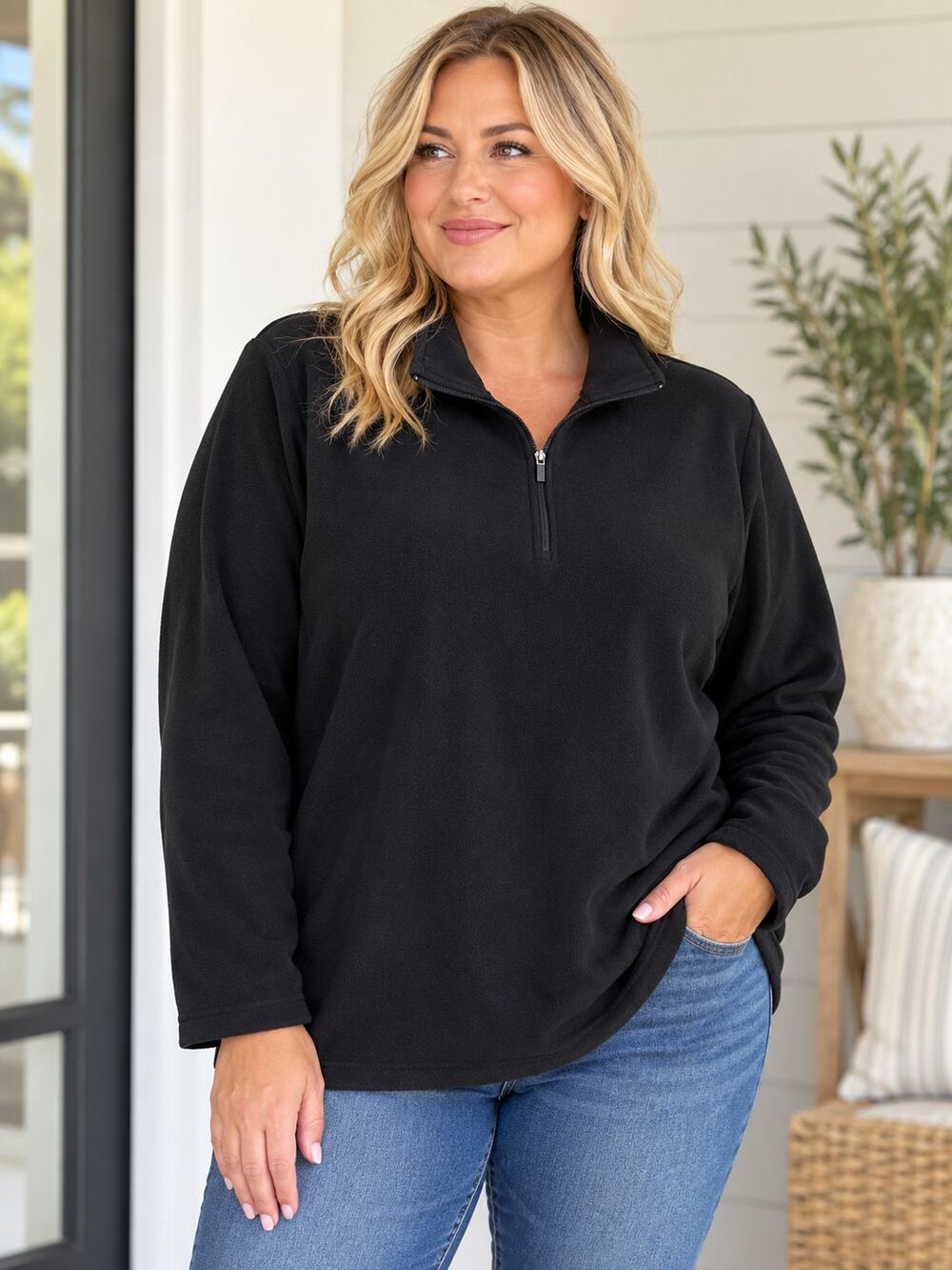 Lands’ End Women’s 2X Black Fleece Half Zip Pullover Mock Neck 20W-22W